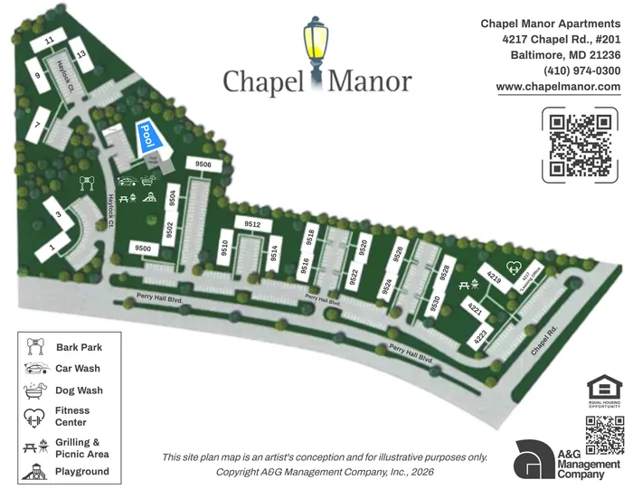 Inviting site map of Chapel Manor Apartments highlighting amenities like pool, fitness center, bark park, and picnic area nestled in a lush, green setting in Baltimore.