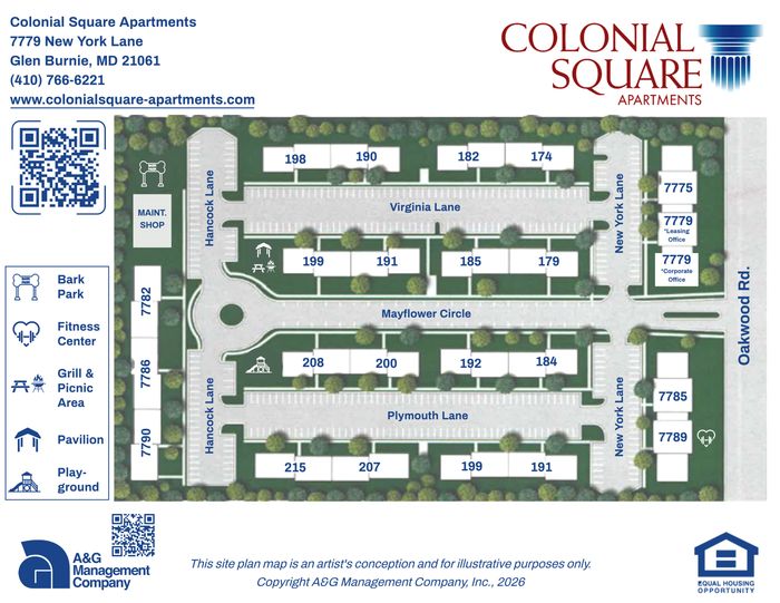 Colonial Square Apartments site plan highlighting modern amenities like a playground, fitness center, and picnic area amid lush greenery in Glen Burnie, Maryland.