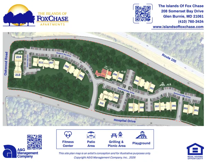 Overview of The Islands of Fox Chase Apartments with labeled buildings, green spaces, and nearby roads, showcasing a community with fitness center, patio area, and playground.