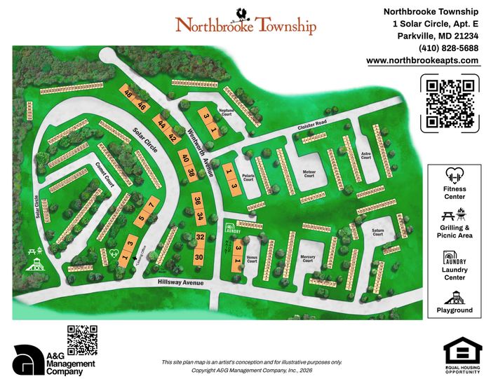 Artistic site plan of Northbrooke Township featuring neat arrangement of buildings along Solar Circle and Wenthworth Avenue, highlighted amenities include a fitness center, picnic area, and playground amidst lush greenery in Parkville, MD.