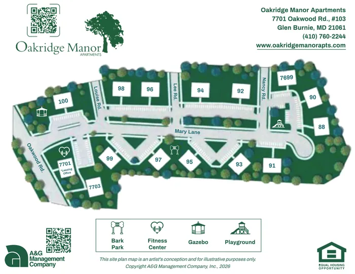 Oakridge Manor Apartments site plan showcasing a vibrant community layout with numbered buildings, lush green areas, and amenities like a fitness center, gazebo, playground, and bark park.