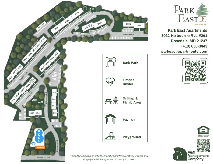 Bird's-eye view of Park East Apartments site plan highlighting amenities like the Bark Park, Fitness Center, Grilling & Picnic Area, Pavilion, Playground, and Pool. Lush greenery and ample parking enhance this vibrant community layout in Rosedale, MD.