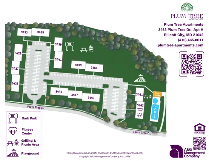 Plum Tree Apartments site plan featuring lush greenery, multiple apartment complexes, a refreshing pool, fitness center, and recreational areas including a bark park and grilling spot.
