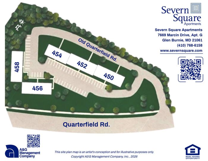 Inviting Severn Square Apartments site map featuring a well-organized layout with prominent building numbers along Old Quarterfield Rd, surrounded by lush greenery.