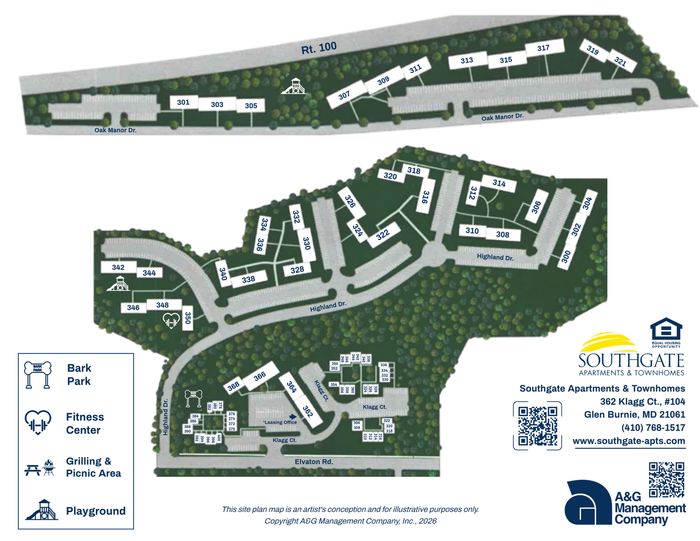 Inviting community layout of Southgate Apartments & Townhomes with detailed building placements, leisure amenities including a playground, fitness center, grilling area, and a bark park surrounded by lush greenery in Glen Burnie.