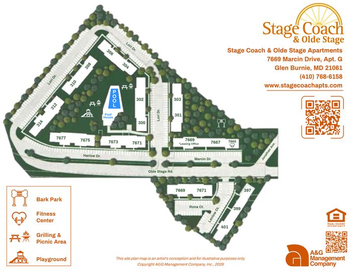 Stage Coach & Olde Stage Apartments site map showcasing modern amenities including a pool, fitness center, bark park, grilling and picnic area, and playground, nestled in a lush green setting.