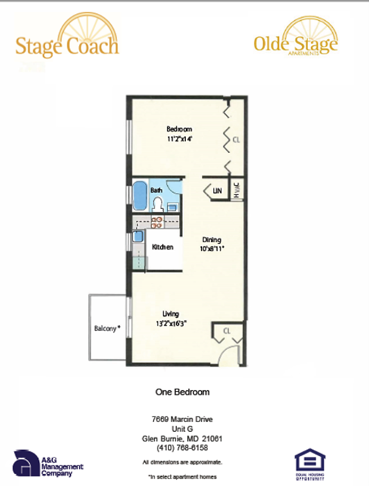 SC & OS - 1BR, 1BA - Floor Plan