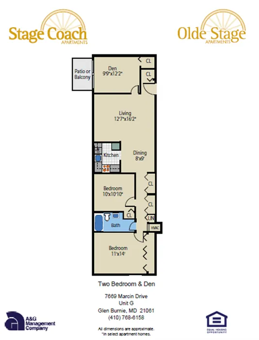 SC & OS - 2BR, 1BA, & Den - Floor Plan