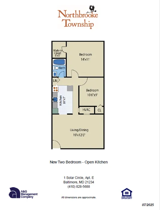 Charming Northbrooke Township floor plan showcasing a new two-bedroom layout with open kitchen, cozy living/dining area, and a walk-in closet.
