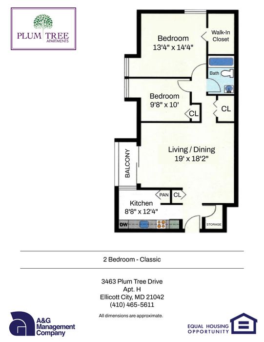 Inviting floor plan of a 2-bedroom classic apartment at Plum Tree Apartments, featuring a spacious living/dining area, modern kitchen, and a private balcony. Includes a walk-in closet and additional storage for convenience.