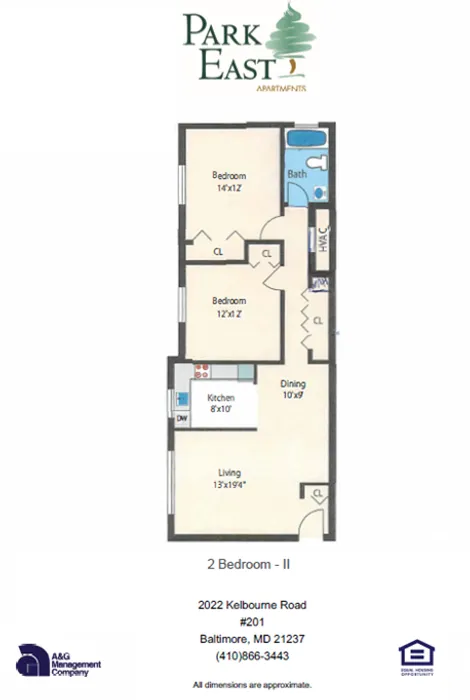 Park East Apartments floor plan showcasing a 2-bedroom layout with a cozy living area, efficient kitchen, and intimate dining space in Baltimore.