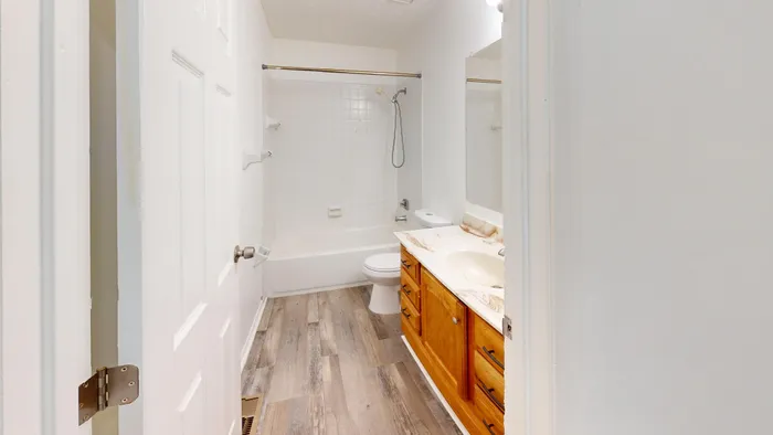 Stylish bathroom featuring a sleek bathtub, modern wood cabinetry, and a chic vanity area.