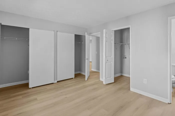 Bright and spacious empty room with light wood flooring, ample closet space, and modern gray walls, offering a blank canvas for personal style and comfort.