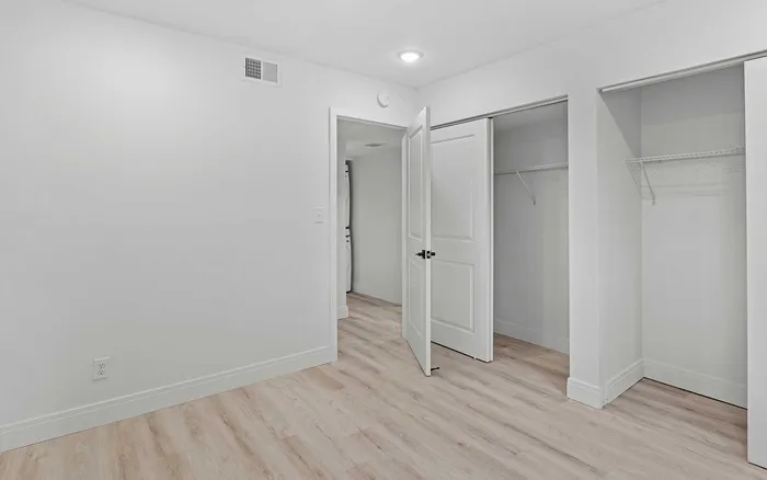 Bright and modern room with dual closets and elegant hardwood flooring, perfect for storage and style.
