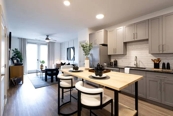 Modern open-plan apartment with stylish kitchen, cozy living area, and sleek decor.