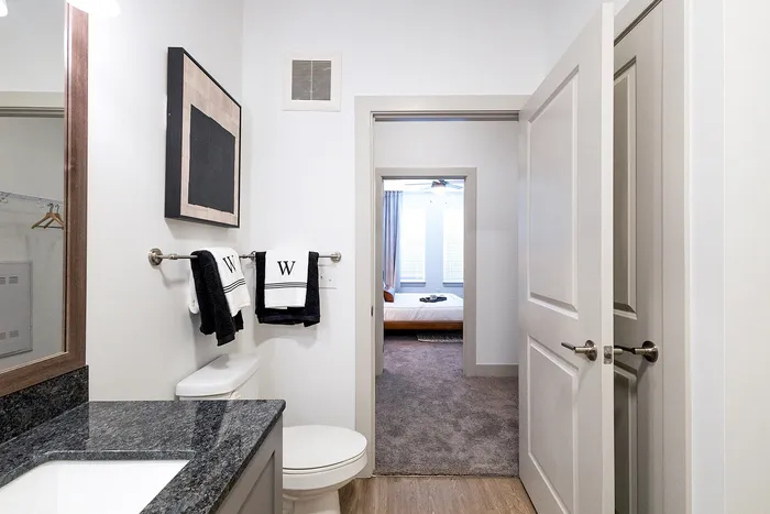 Modern bathroom with elegant granite countertop and sleek fixtures, leading to a cozy bedroom with plush carpet and large windows.