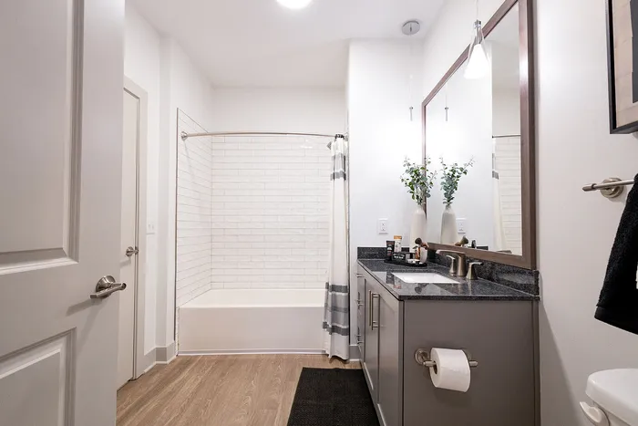 Contemporary bathroom featuring sleek gray cabinetry, granite countertops, and a modern tiled shower, accented with elegant lighting and decor.