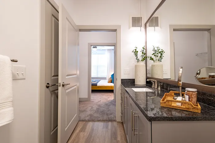 Modern bathroom with sleek gray cabinets, black granite countertop, and vibrant bedroom view through open door.