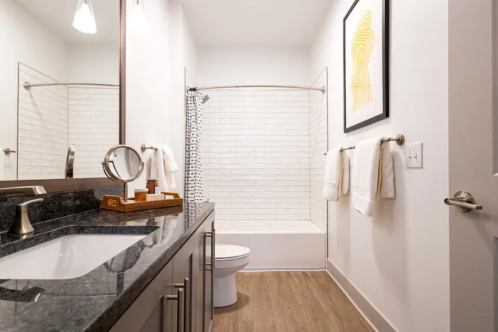 Elegant bathroom featuring a sleek granite countertop, modern fixtures, and a pristine tiled shower, exuding comfort and style.