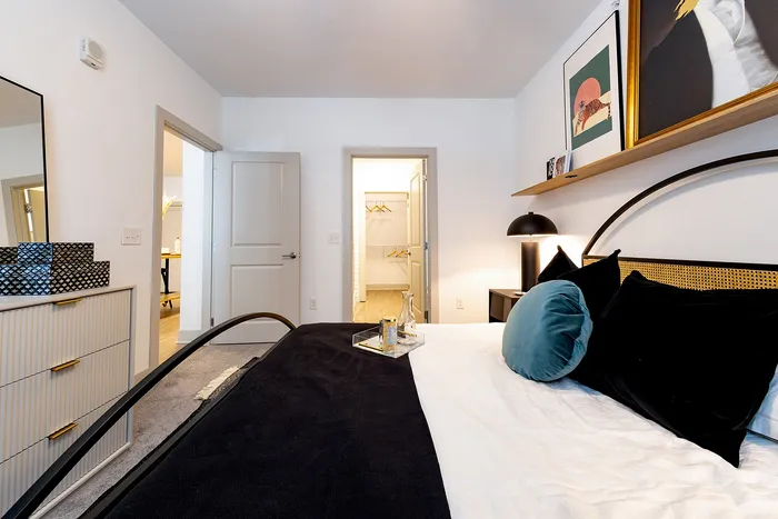 Elegant bedroom with modern decor, featuring a cozy bed, stylish dresser, and a walk-in closet.
