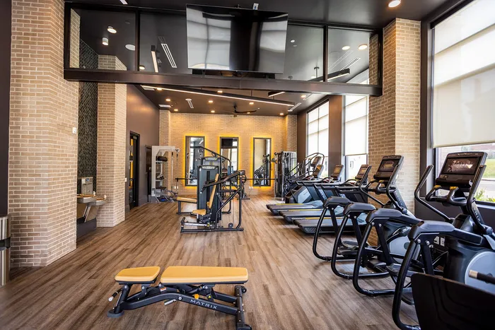 Modern fitness center with sleek treadmills, exercise equipment, and large windows for natural light, perfect for an energizing workout.