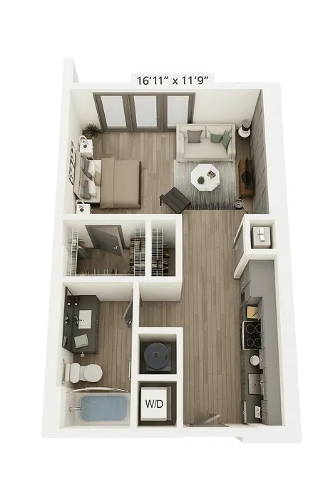 Explore The Annwood 3D Floor Plan at Woodburn Exchange, a studio apartment in East Walnut Hills with 421–591 sq. ft., in-unit laundry and modern finishes.