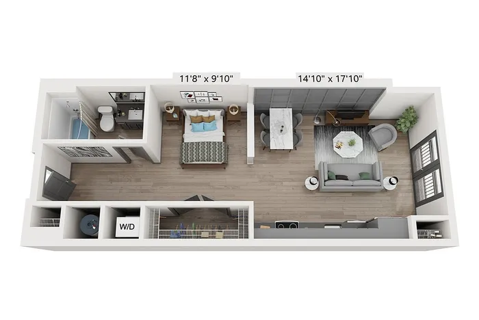 Modern 3D floor plan of a stylish apartment featuring a cozy bedroom, elegant bathroom, and open-concept living and dining area with large windows offering natural light. Explore The Eden, a 624 sq. ft. studio at Woodburn Exchange in East Walnut Hills, near Eden Park, Downtown Cincinnati and the Uptown medical district. Explore The Eden at Woodburn Exchange Apartments in East Walnut Hills.