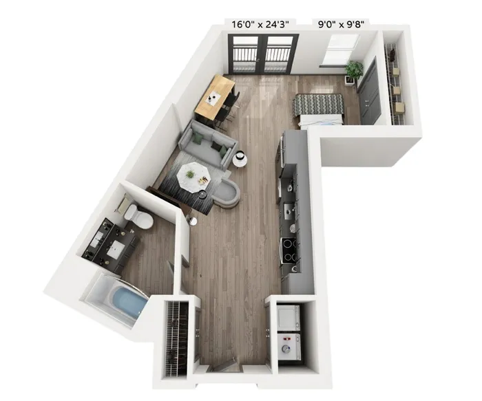 Chic 3D floor plan showcasing an open-concept studio layout with a stylish kitchenette, cozy living area, and modern bathroom. Ideal urban living space.