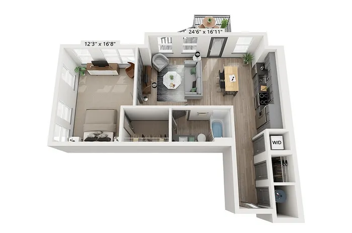 Modern floor plan showcasing a spacious 1-bedroom apartment with a stylish open-concept living area, a sleek kitchen, and a cozy balcony retreat. 1 Bedroom Floor Plan | Woodburn Exchange Apartments East Walnut Hills