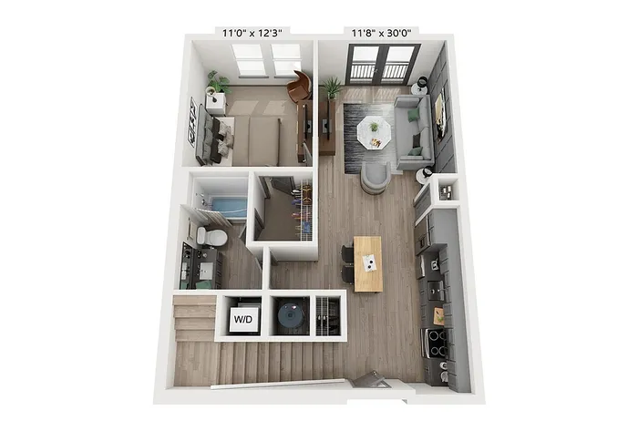 Modern 3D floor plan showcasing a spacious one-bedroom layout with an open-concept living and dining area, sleek kitchen, cozy bedroom, and convenient bathroom. The Beech Crest | 1 Bedroom Floor Plan | Woodburn Exchange Apartments East Walnut Hills