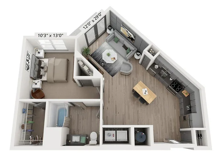 The Dexter one-bedroom apartment floor plan at Woodburn Exchange in East Walnut Hills, Cincinnati