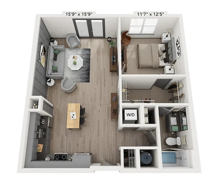 Contemporary open-plan layout featuring a spacious living area, cozy bedroom, modern kitchen, and well-appointed bathroom. The Fairfield Floor Plan | One-Bedroom Apartment in East Walnut Hills | Woodburn Exchange