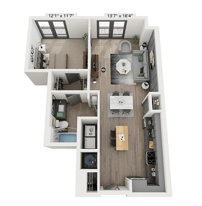 Modern 3D apartment floor plan showcasing a spacious living area, a well-equipped kitchen, and a comfortable bedroom.