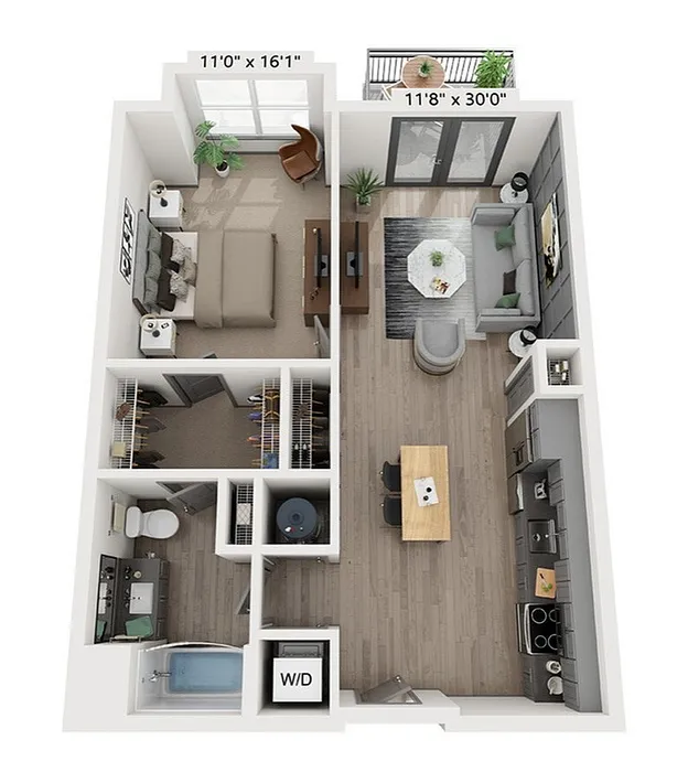 Modern 3D floor plan showcasing a welcoming one-bedroom apartment with spacious living area, stylish kitchen, and private balcony. The Woodburn Floor Plan | 1 Bedroom Apartment in East Walnut Hills at Woodburn Exchange