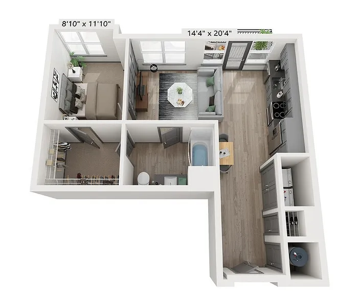 Modern 3D floor plan featuring a cozy bedroom, elegant living room, and a sleek kitchen with ample cabinetry, perfectly designed for functional living.