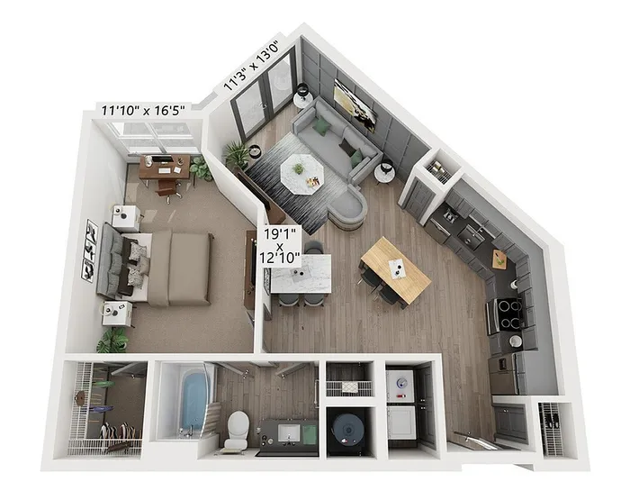 Modern 3D floor plan showcasing a spacious one-bedroom apartment with an open-concept living and dining area, sleek kitchen, and a cozy office nook.