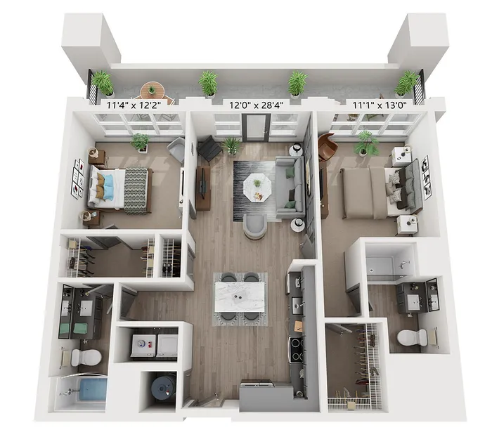 Modern 3D floor plan showcasing a two-bedroom apartment with a cozy living area, contemporary kitchen, and stylish bathrooms.