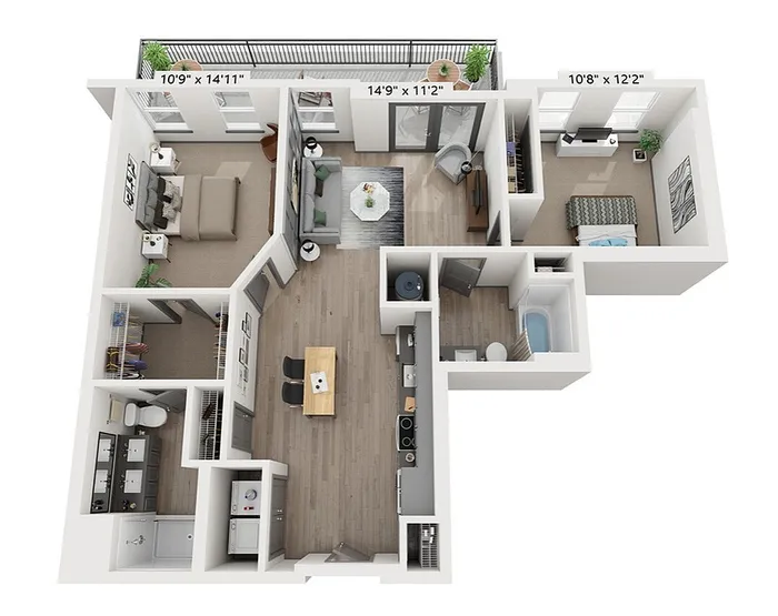 The Stowe 2-bedroom, 2-bathroom, 1,042-square-foot floor plan at Woodburn Exchange in East Walnut Hills.