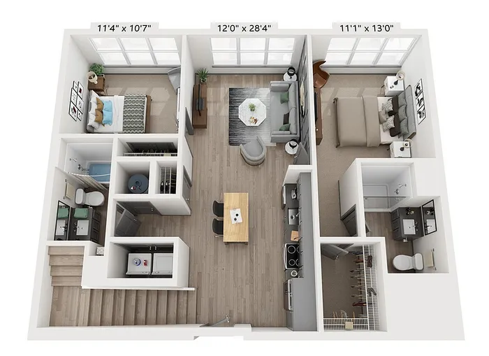 The DeSales 2-bedroom, 2-bathroom floor plan ranging from 1,043 to 1,080 square feet at Woodburn Exchange.