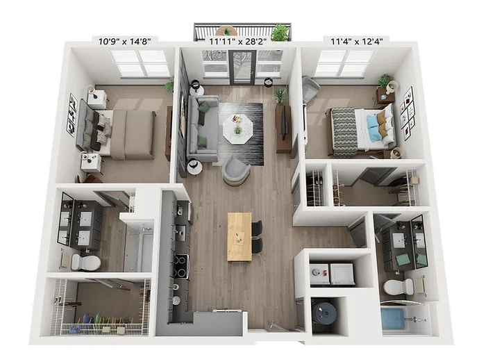 The Pitman 2-bedroom, 2-bathroom, 1,090-square-foot floor plan at Woodburn Exchange in East Walnut Hills.