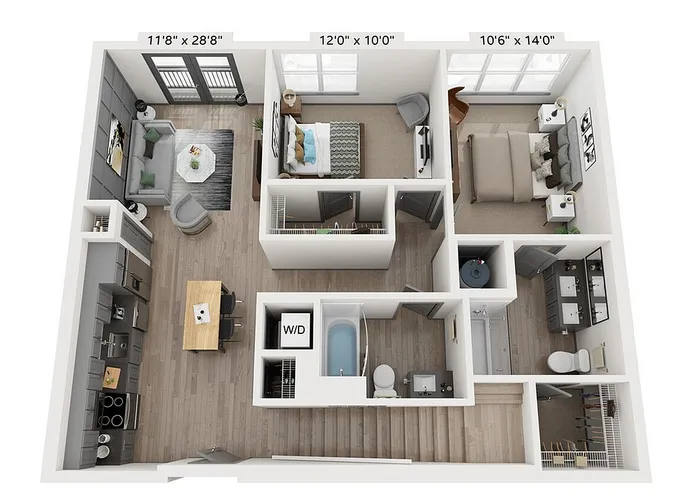 The Purcell 2-bedroom, 2-bathroom, 1,068-square-foot floor plan with private rooftop terrace at Woodburn Exchange.