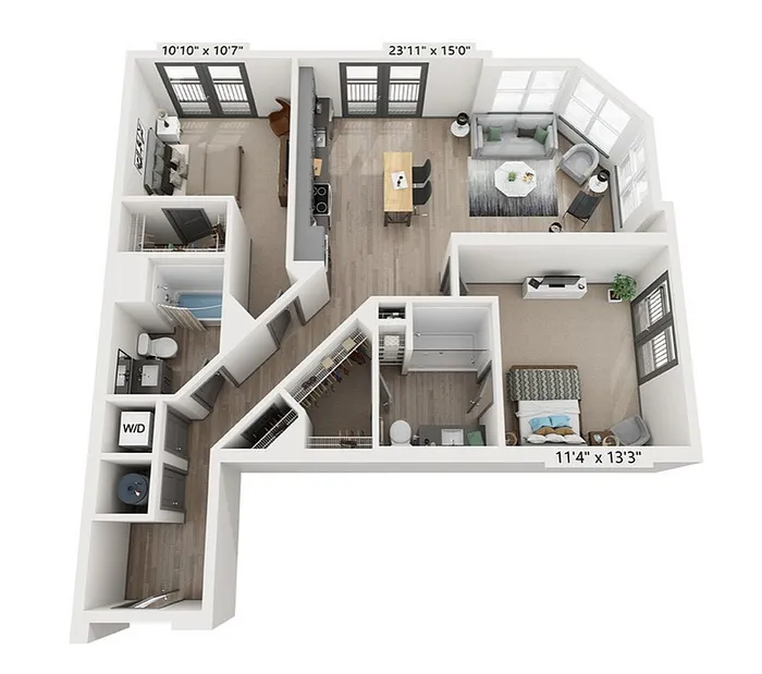 The Woods 2-bedroom, 2-bathroom, 1,090-square-foot floor plan at Woodburn Exchange in East Walnut Hills.