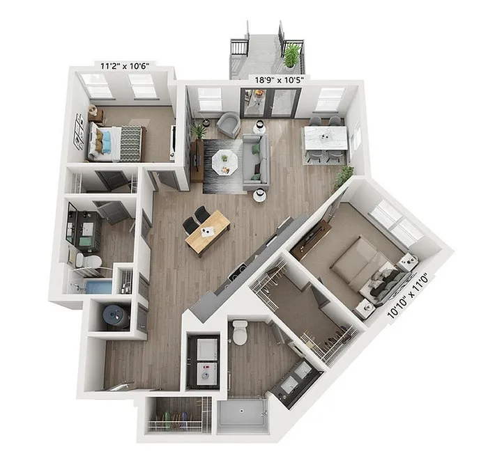 The Ursula 2-bedroom, 2-bathroom, 1,111-square-foot floor plan at Woodburn Exchange in East Walnut Hills.