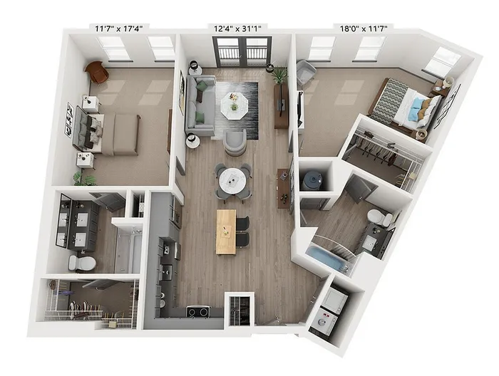 The Taft 2-bedroom, 2-bathroom, 1,218-square-foot floor plan at Woodburn Exchange in East Walnut Hills.