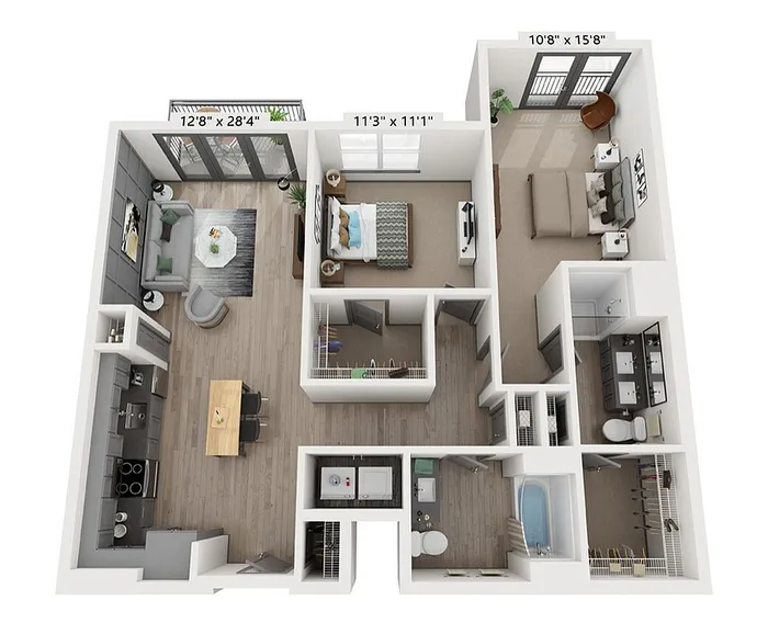 The Krohn 2-bedroom, 2-bathroom, 1,142-square-foot floor plan at Woodburn Exchange in East Walnut Hills.