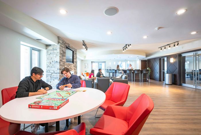 Vibrant community lounge featuring modern design, cozy seating, and a stylish stone fireplace, perfect for socializing and relaxation.
