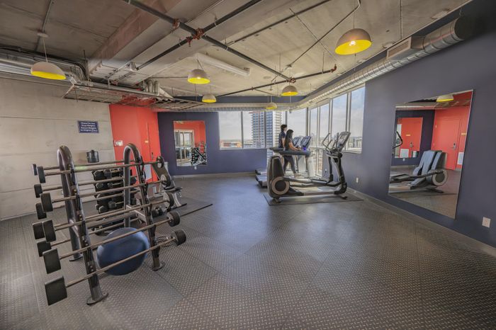 Modern fitness center with panoramic city views, featuring state-of-the-art exercise equipment and vibrant decor.