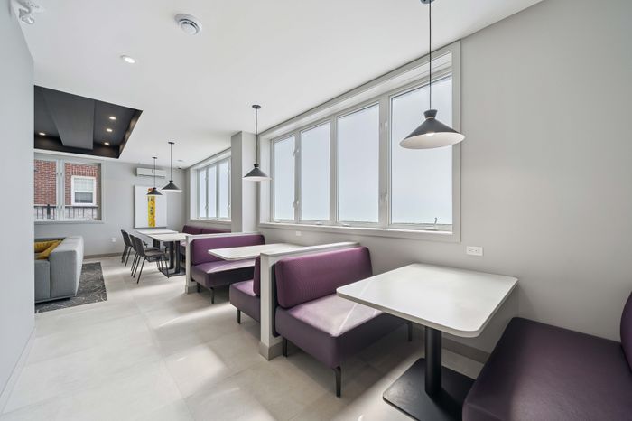 Bright and modern dining area with purple booth seating and sleek pendant lighting, ideal for hosting gatherings.