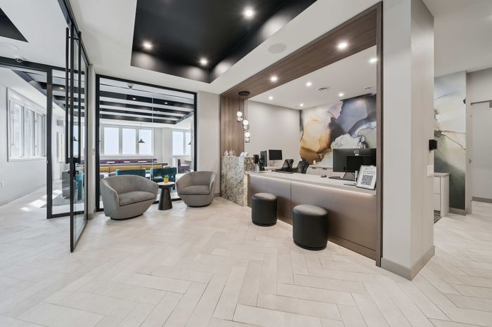 Modern reception area with stylish chairs, artistic wall mural, and sleek lighting, leading into a bright meeting space with large windows.