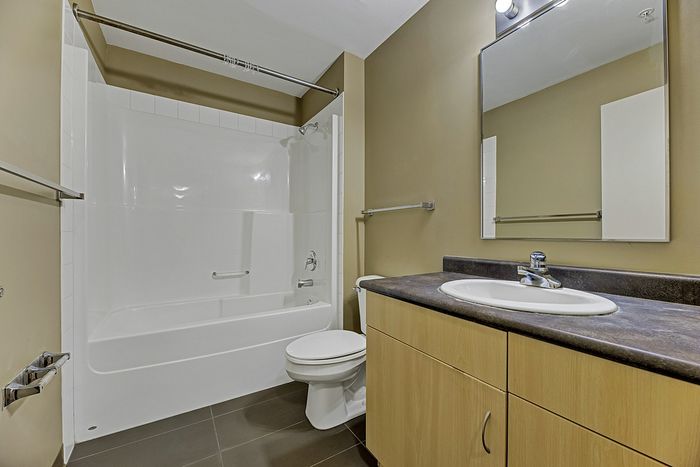 Modern bathroom featuring a pristine bathtub, elegant fixtures, and a sleek vanity with a large mirror.